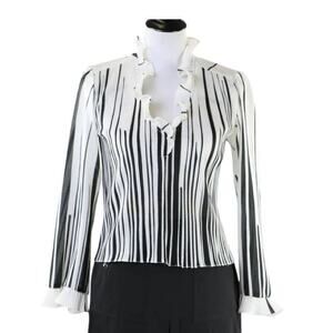 Vintage 70s/80s Black White Pleated Striped Blouse Ruffle Neck and Cuffs Large
